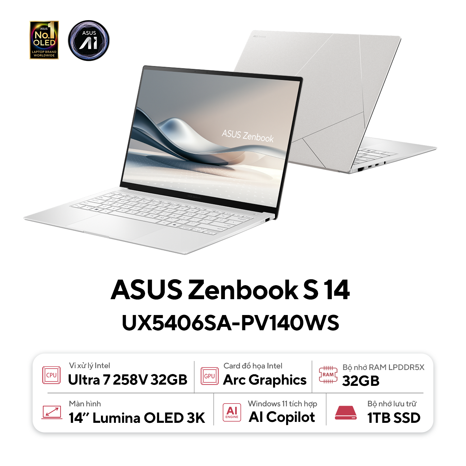 ASUS Zenbook S14 | Copilot+PC | UX5406SA-PV140WS | Intel Ultra 7 258V | 32GB | 1TB